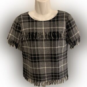 Amanda Uprichard black white plaid fringed blouse top top Career Women’s S 4-6